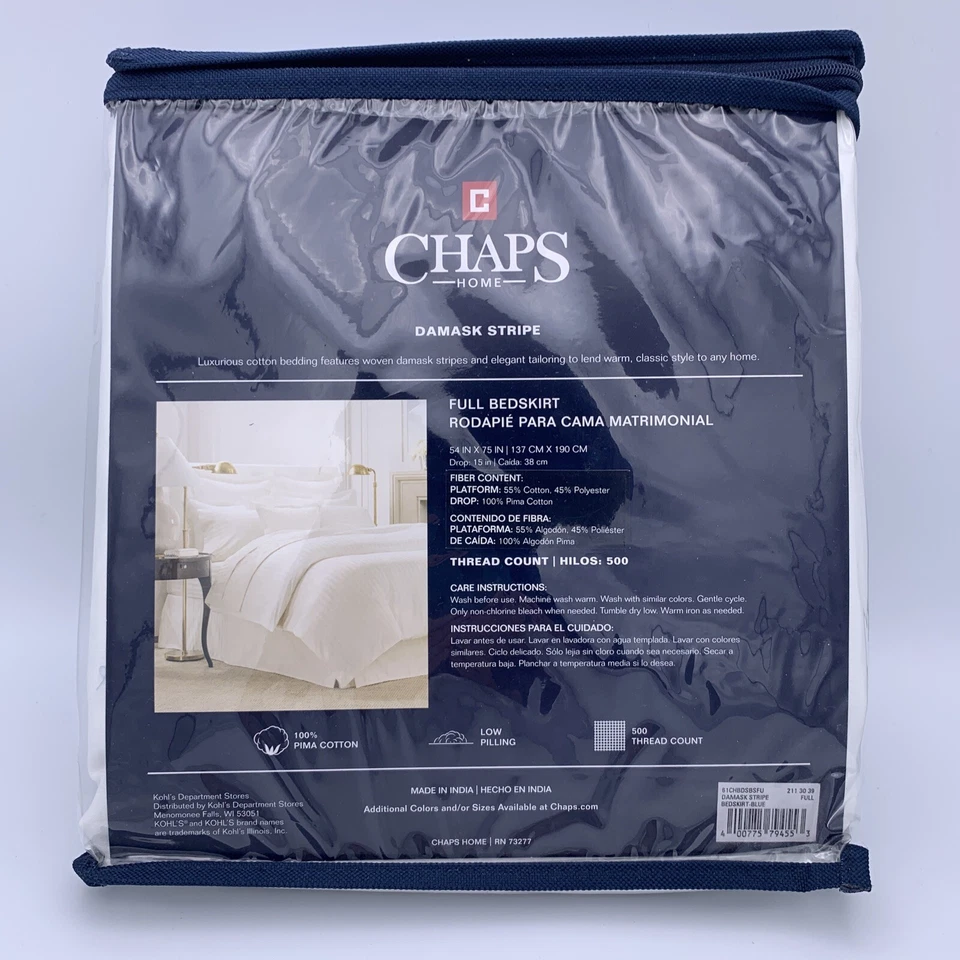 Chaps Damask Stripe Full Bedskirt Blue 15" drop Pima Cotton 500 Thread Count - Image 2 of 3