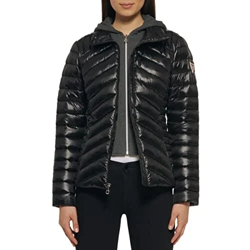 GUESS Shiny Womens Size L BLACK Quilted Full Zip Hooded Puffer Jacket NEW - Bild 14 von 14
