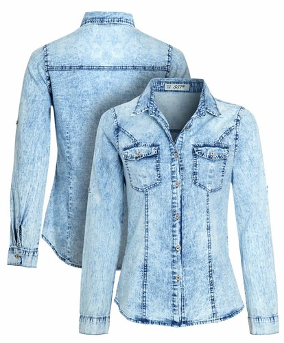 Womens Denim Shirt Top Ladies Fitted 