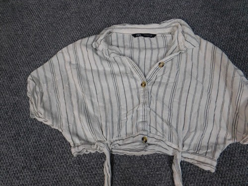 Zara Womens Blouse Small Gray striped button up crop top classic casual - Picture 2 of 10