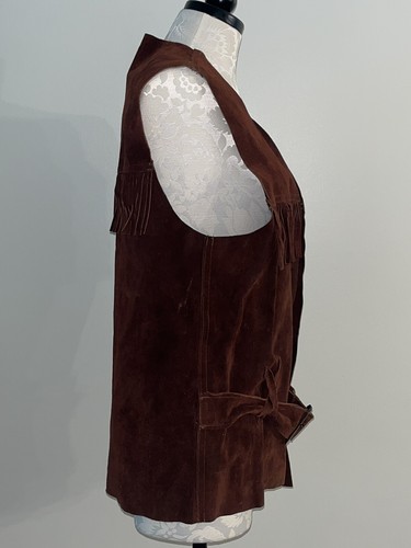 VTG 60s 70s Womens Brown Red Suede Leather Western Fringe Vest Belt - Picture 11 of 12