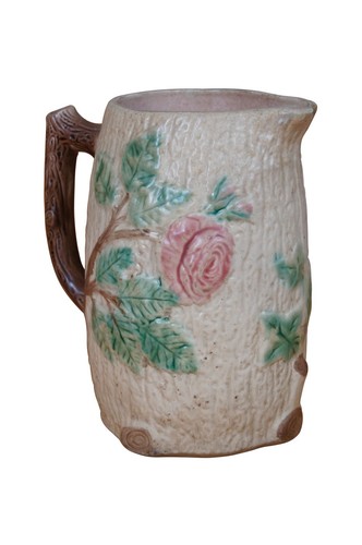 Antique Majolica Arsenal Wild Rose Rustic Tree Bark Creamer Pitcher Jug 9" - Picture 2 of 12