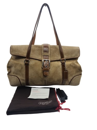 Y2K Coach 9271 Suede Leather Tote Purse Beige Brown Patent Trim Dust Bag READ