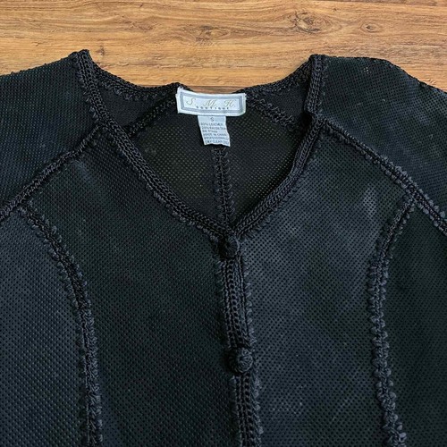 Vintage 90s Black Suede Leather Jacket or Shirt with Floral Crochet Details S - Picture 5 of 13
