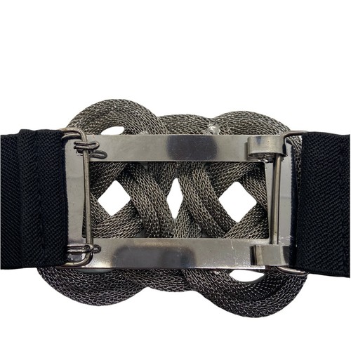 Elastic Belt Vintage 80s Women's Black Silver Tone Metal Clasp Stretch - Picture 3 of 7