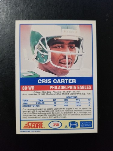 Tarjeta de fútbol americano Cris Carter 1989 Score #80 Philadelphia Phillies RC - Imagen 2 de 2