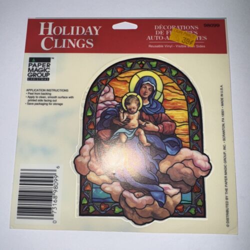 3 Christmas Color Clings Window Decals Mini Mary/Joseph Tree Candy Cane Vintage - Picture 2 of 4