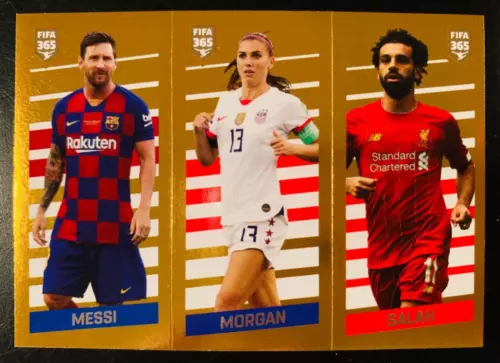 2019-20 Panini FIFA 365 # 6 Lionel Messi Alex Morgan Mo Salah gold foil sticker