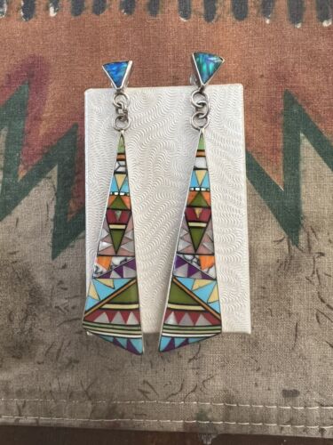 EXCEPTIONAL NATIVE AMERICAN INLAY OPAL DROP EARRINGS~BEAUTIFUL~STERLING - Picture 2 of 5