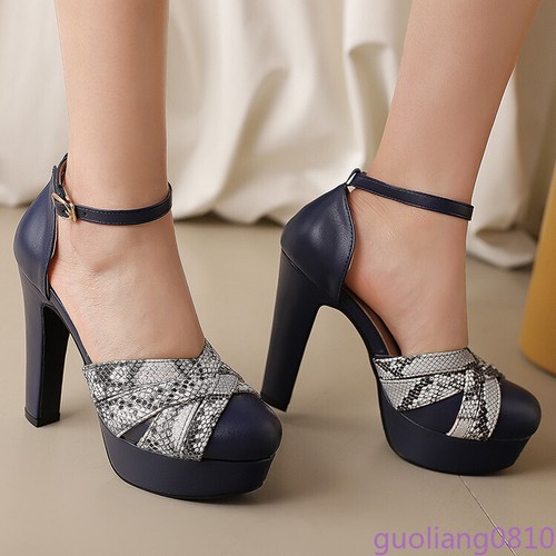 Damen Kunstleder Sandalen Runde Spitze Schuhe Grober Absatz Knöchelriemen Mode Größe - Bild 4 von 25