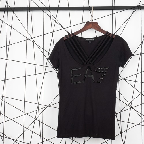 EMPORIO ARMANI EA7 Damen Kurzarm T-Shirt Tee V-Ausschnitt schwarz Viskose Größe S