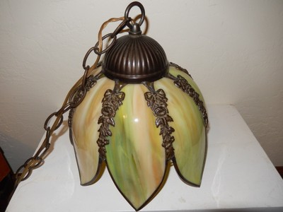 Leaded Slag Glass Lamps Collection On Vintage Tulip 6 Panel Green Stained Slag Glass Light Lamp Fixture Chain