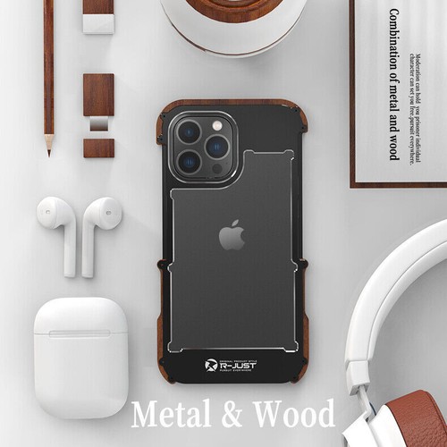 R-JUST Wood Metal Frame Bumper Hybrid Wooden Case Cover For iPhone 13 14 15 16 - Picture 9 of 15