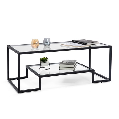COSVALVE Black Metal Glass Coffee Table Side Table w/Shelf Home Office Furniture - Picture 14 of 23