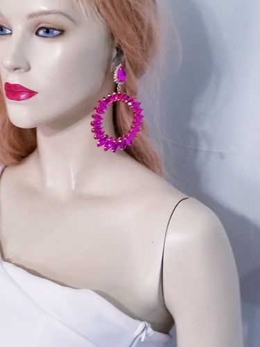 CLIP ON Earrings Rhinestone Crystal Oversized Pink Drop Dangle Chandelier 4 inch - Picture 7 of 14