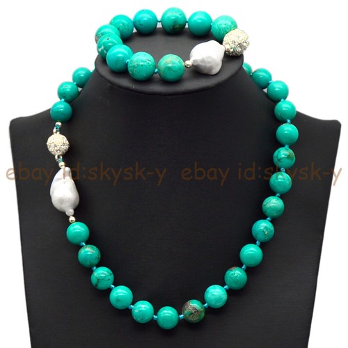 Natural Green Turquoise Round Gems Beads White Keshi Pearl Necklace Bracelet Set - Afbeelding 1 van 17