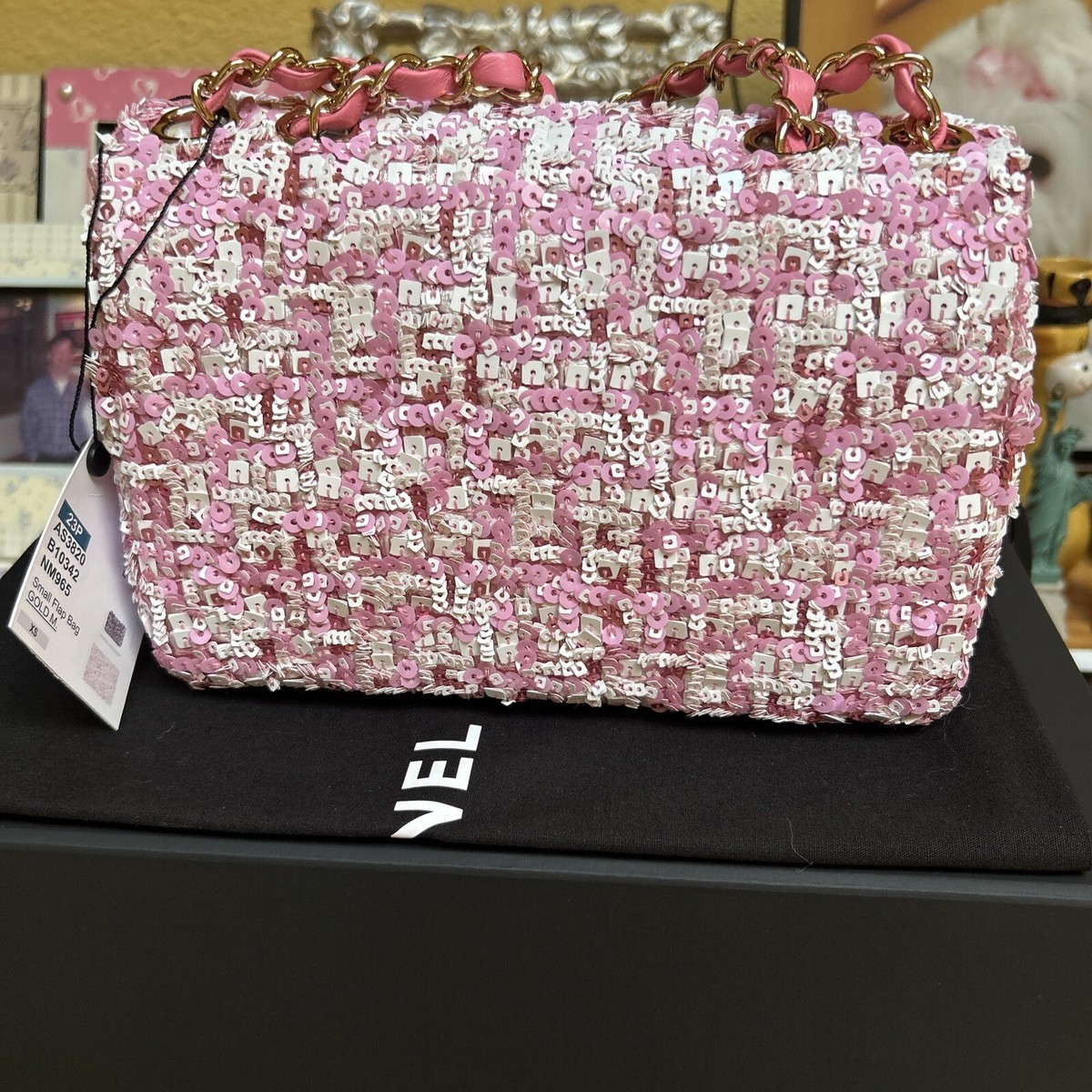 NWT Chanel Small Flap Bag Sequins Pink White gold tone metal