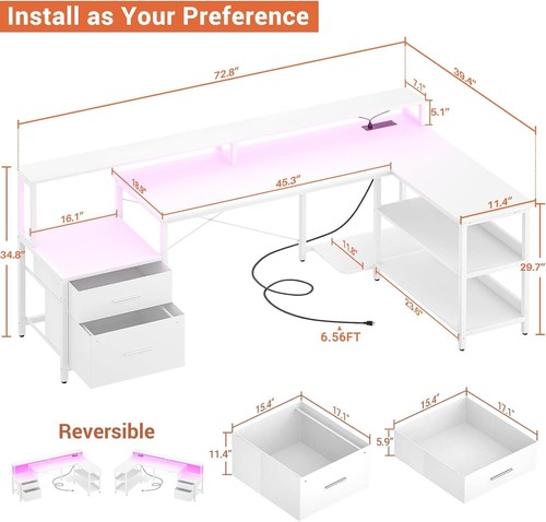 73" L Shaped Computer Desk with Fabric File Drawer & Monitor Stand & LED &Outlet - Picture 7 of 12