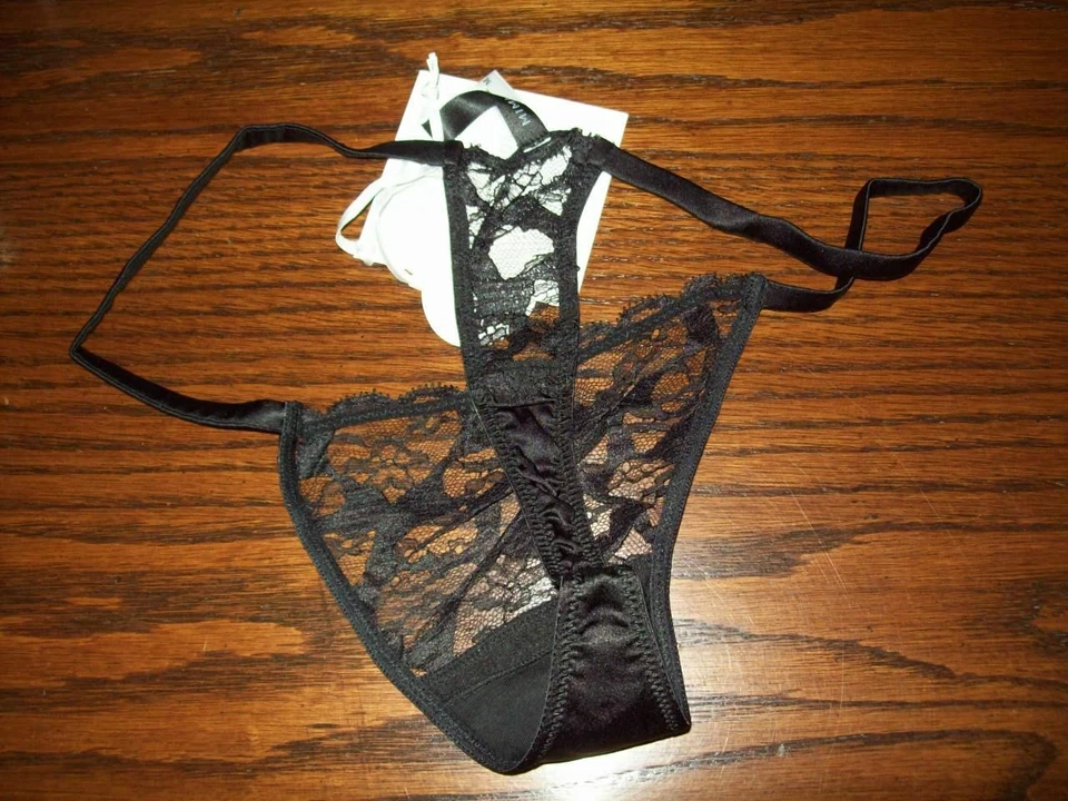 NUEVO CON ETIQUETAS MIMI HOLLIDAY FRANCÉS ENCAJE CUERDA TANGA BRAGAS con SEDA SS16-07 NEGRO M L Foto 3 de 3