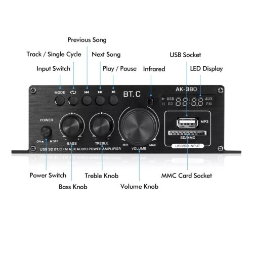AK-380 USB SD BT.C FM AUX Audio Power Amplifier 400W+400W 2.0 CH HiFi Stereo - Picture 4 of 15