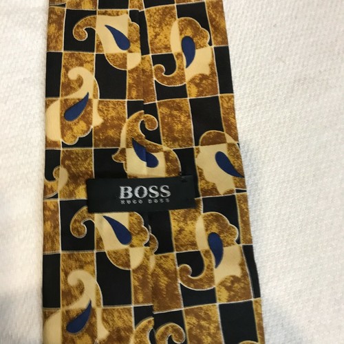 HUGO BOSS 100% Silk Men's Tie Made in ITALY Geometric Black Yellow W 4 L 56 - Picture 2 of 8