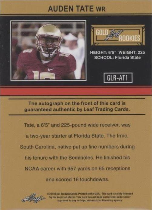 2018 Leaf Ultimate Draft Auden Tate #GLR-AT1