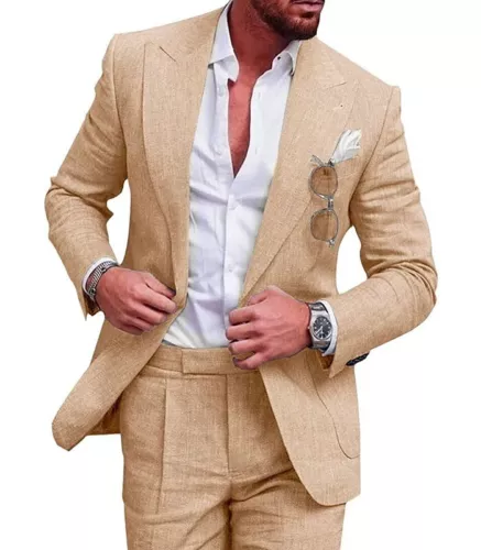Men 2 Piece Linen Suit Wedding Tuxedos Suit Groomsmen Blazer+Pants Outfit - Picture 12 of 25