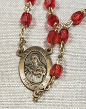 Vintage Rosary St Therese Of Lisieux Red Beads Christian H69