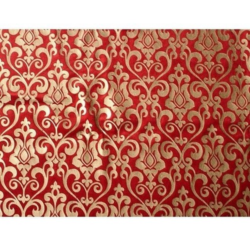 Red Damask Printed Velvet Fabric By The Yard, Velvet Fabric With Gold Print - Picture 3 of 5