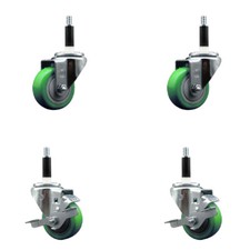 3 Inch Green Poly Wheel Swivel 7/8 Inch Expanding Stem Caster Set 2 Brakes SCC