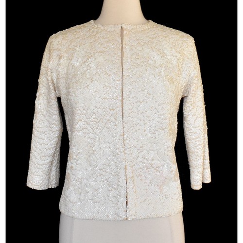Vintage 50s Hand Sequined Cardigan Sweater, 3-D Iridescent Off White Sweater, M - Picture 5 of 8