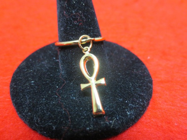 Alternate view of Gold Plated Ankh Cross Dangle Charm Smooth Ring, Size 4-9(1508)