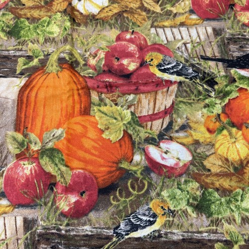 Fall Apple Pumpkins & Birds Harvest Print Cotton Fabric - FQ Or Continuous Cut - Picture 2 of 8