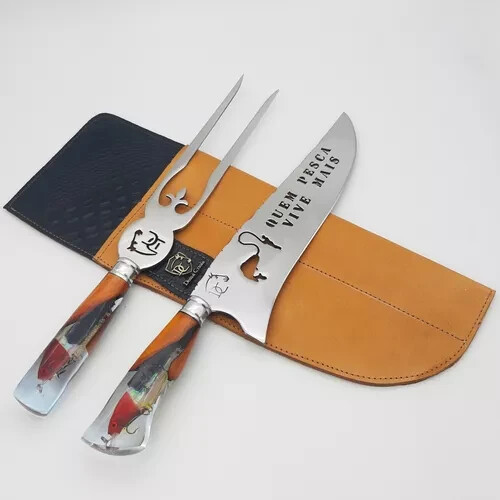 Faca Cuchillo Messer Artesanal Set Barbecue Quem Pesca Vive Mais Faca 10" + Garfo - Bild 5 von 6