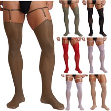 Men Sheer See Through Tube Socks Ultra-thin Silky Suspender Stockings Thigh-high