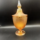 Vintage Jeanette Marigold Carnival Crackle Glass Pedestal Candy Dish With Lid