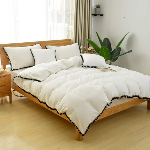 Vintage Black Pompom Bedding Set White Queen Size Girls 3Pcs Duvet Cover Set ... - Picture 2 of 7
