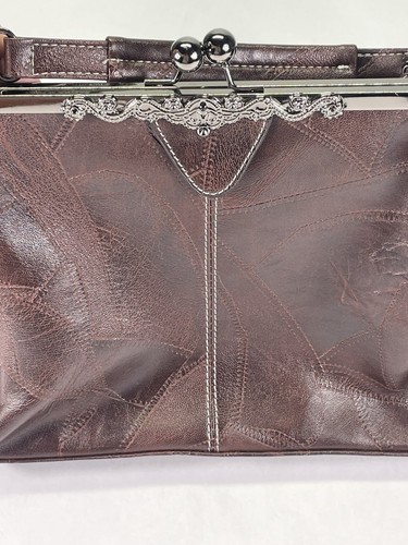 Brown Vegan Leather Kisslock Clasp Handbag Purse Dual Handle Boho Classy Retro - Picture 6 of 24