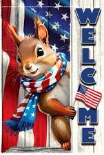 Patriotic Squirrel Welcome, 2-Sided Burlap Type Outdoor Garden/Yard Flag