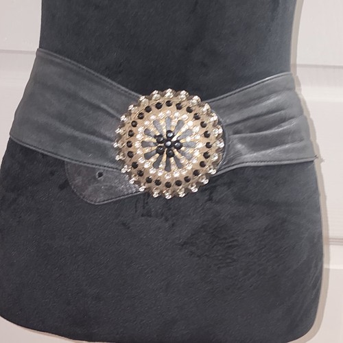 Vintage Belt By Elite In Genuine Black Leather with Rhinestone Buckle size  M/L - Picture 3 of 17