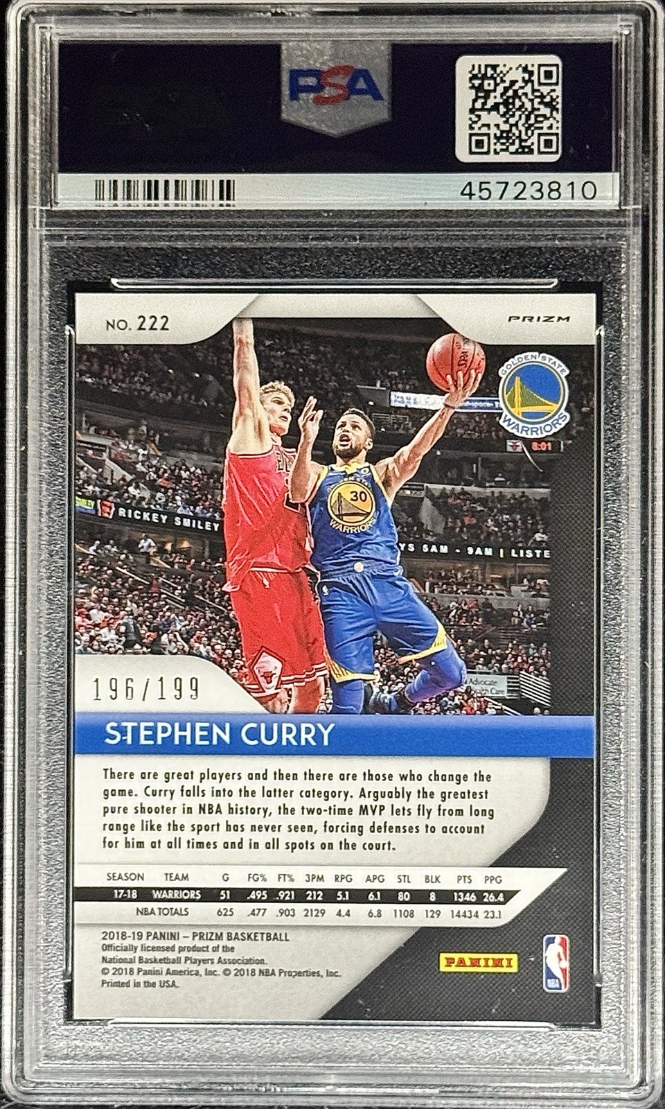 2018 Prizm #222 BLUE PRIZM /199 Stephen Curry PSA 10 Gem Mint Warriors Pop 28 view 2