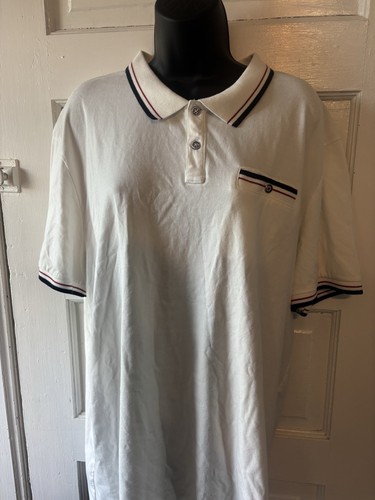 Weißes Ben Sherman Polo - blau & rote Streifen mit Mod Target Knopf XXL