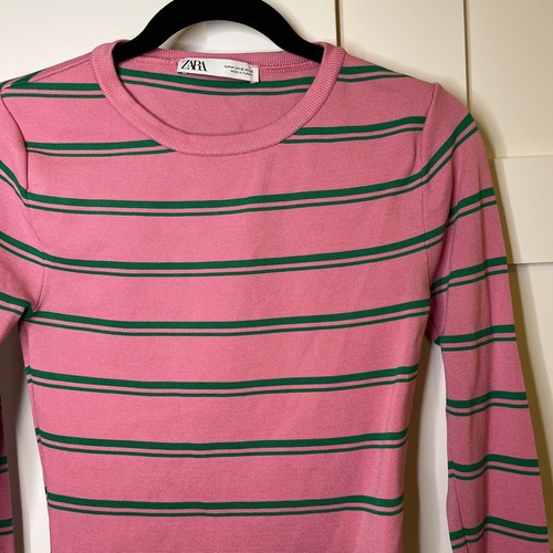Zara Crop Top Pink & Green Striped Long Sleeve Sweater Size Medium - Picture 5 of 9