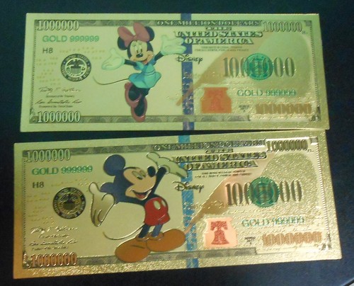 24k Gold Foil Plated Minnie & Mickey Mouse Banknote Disney Collectible Set 