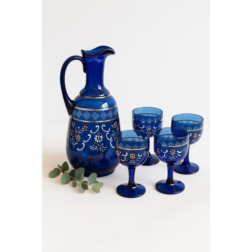 Vintage Kobaltblau Glas Karaffe & 5 Kelche Handbemalt Böhmisch Bargeschirr Set