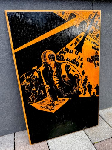 Cuadro de madera pintado vintage de mediados de siglo de la URSS de V. Lenin decoración soviética - Imagen 3 de 9