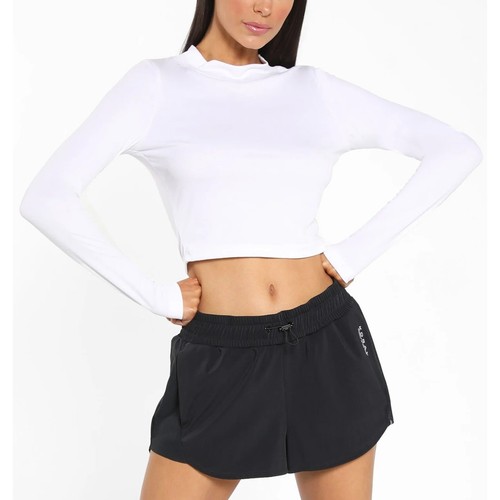 KORAL White Long Sleeve Crop Top MEDIUM Ribbed Mock Neck Logo Marlow $85 NEW