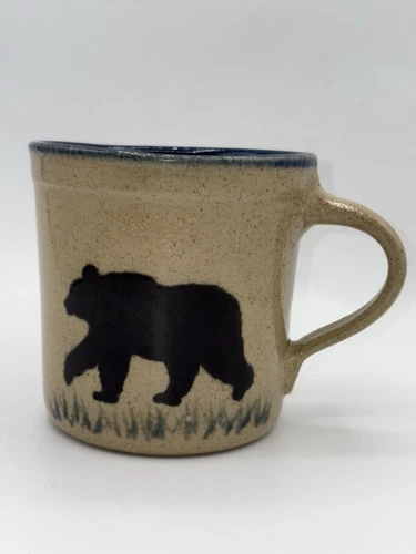 Monroe Salt Works Maine Bear W/ Grass Pottery Mug  4" Tall & Wide USA 16oz HTF