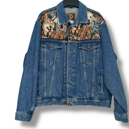 Vintage bestickte Denim Jeansjacke Neuheit Hundedruck Kreuzstich Retro Gr. L - Bild 2 von 8