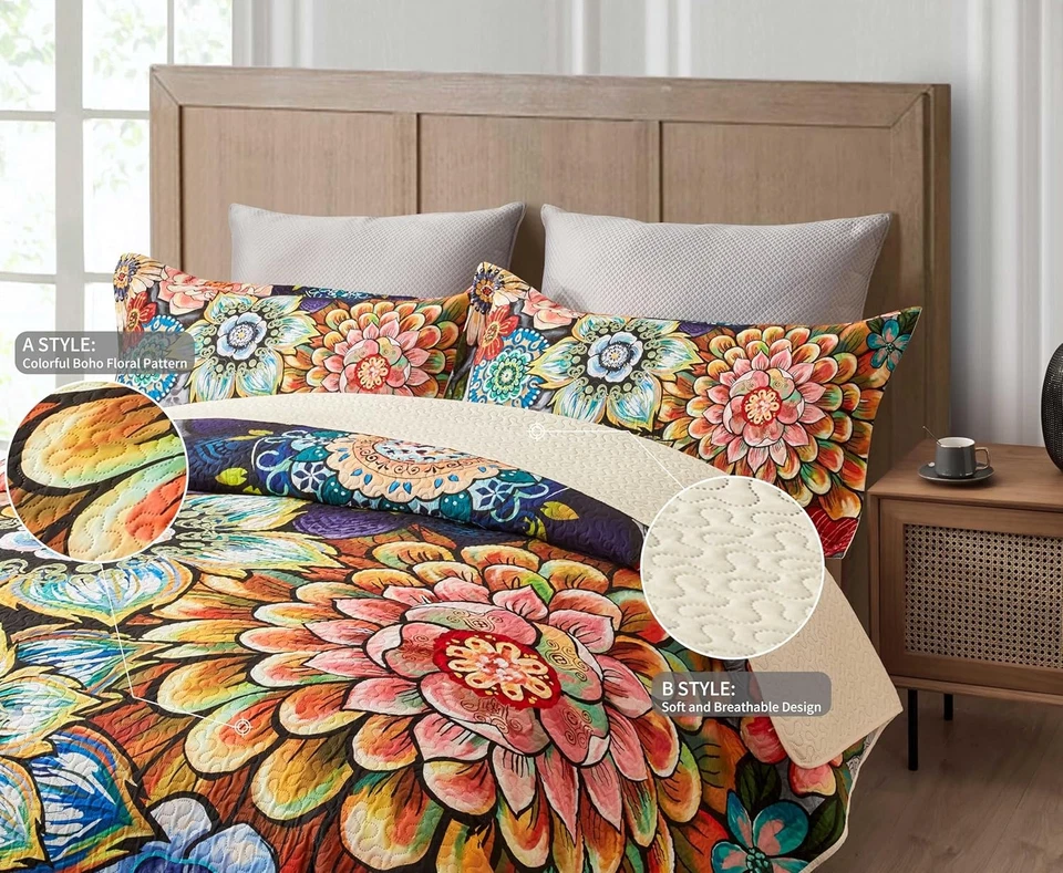 Наборы лоскутных одеял бохо с цветочным рисунком королевский размер цветочный богемный современный цветок 3 шт. - Изображение 2 из 4